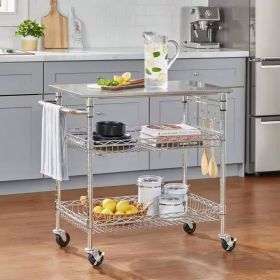 Kitchen Island Cart With Stainless Steel Top And 2 Bottom Storage Shelves