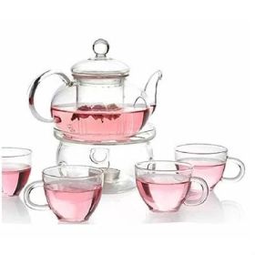 6-Piece Glass Tea Pot Set With 4 Cups Teapot Warmer And Infuser