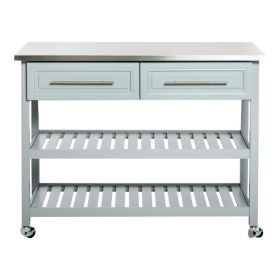 Light Gray Rolling Kitchen Island 2 Drawers Storage With Stainless Steel Top