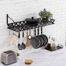 Black Metal Rectangular Wall Mounted Kitchen Pot Rack With 12 Hanging Hooks