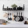 Black Metal Rectangular Wall Mounted Kitchen Pot Rack With 12 Hanging Hooks