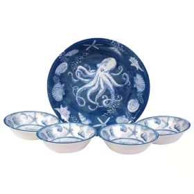 5-Piece Starfish Sea Shells Octopus Beach Dinner Bowl Set In Blue And White