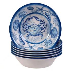 6-Piece Dinner Bowl Set With Blue White Ocean Sea Shells Crab Starfish Pattern