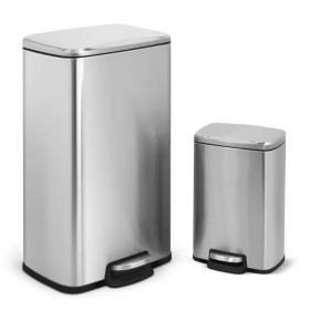 Set Of 2 - 8 Gallon And 1.3 Gallon Stainless Steel Trash Can With Step-On Lid