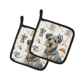 Blue and Tan Border Terrier Coffee Bar Pair of Pot Holders Pair 7.5x7.5 Quilted Insulated Hot Pads Decorative Kitchen Gift Made in USA