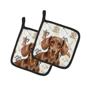 Chocolate and Tan Dachshund Coffee Bar Pair of Pot Holders Pair 7.5x7.5 Quilted Insulated Hot Pads Decorative Kitchen Gift Made in USA